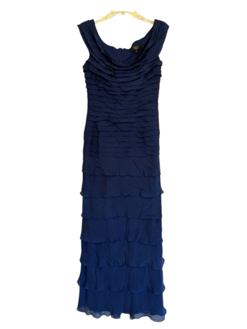 Tadashi Shoji Navy blue Silk Gown Cowl Neck Tiered Ruffled Evening Dress Sz 8